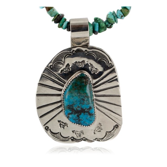 Certified Authentic Nickel .925 Sterling Silver Handmade Navajo Natural Turquoise Native American Necklace 12965-15814