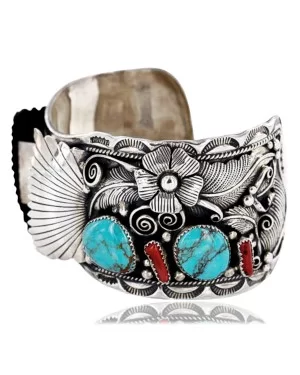 Collectable Handmade Certified Authentic Navajo .925 Sterling Silver Coral Turquoise Signed Native American Watch Cuff Bracelet 390822858662