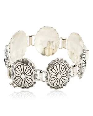 Collectable Handmade Certified Authentic Navajo .925 Sterling Silver Native American Link Concho Bracelet 12699