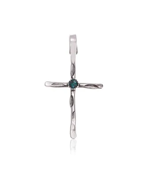 Cross .925 Sterling Silver Certified Authentic Handmade Navajo Native American Natural Turquoise Pendant 24373