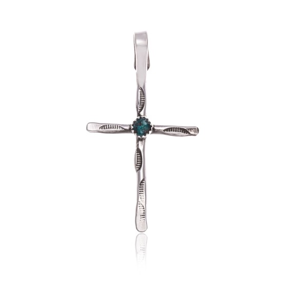 Cross .925 Sterling Silver Certified Authentic Handmade Navajo Native American Natural Turquoise Pendant 24373
