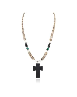 Cross .925 Sterling Silver Certified Authentic Navajo Natural Turquoise Graduated Melon Shell Black Onyx Native American Necklace 750237-3