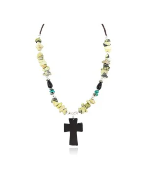 Cross .925 Sterling Silver Certified Authentic Navajo Natural Turquoise Green Jasper Black Onyx Native American Necklace 750238-6