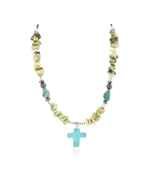 Cross .925 Sterling Silver Certified Authentic Navajo Natural Turquoise Green Jasper Native American Necklace 750241-3