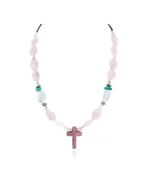 Cross .925 Sterling Silver Certified Authentic Navajo Natural Turquoise Opalite Pink Quartz Charoite Native American Necklace 750237-10