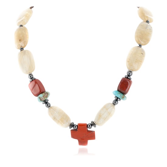 Cross .925 Sterling Silver Certified Authentic Navajo Natural Turquoise Smoky Quartz Red Jasper and Hematite Native American Necklace 17078