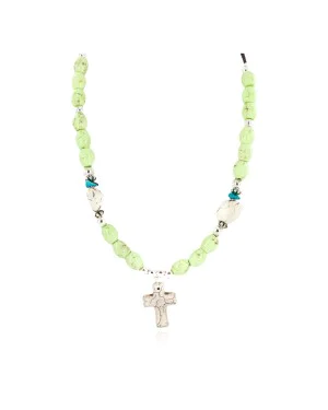 Cross .925 Sterling Silver Certified Authentic Navajo White Howlite Gaspeite Native American Necklace 750237-9