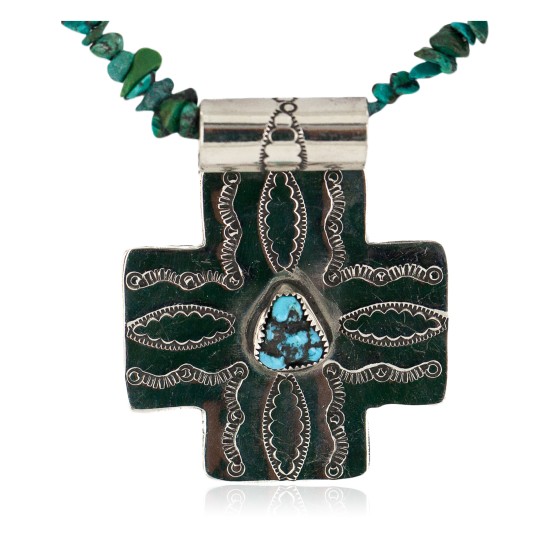 Cross .925 Sterling Silver Nickel Handmade Certified Authentic Navajo Natural Turquoise Coral Native American Necklace 18224-6-15917-15