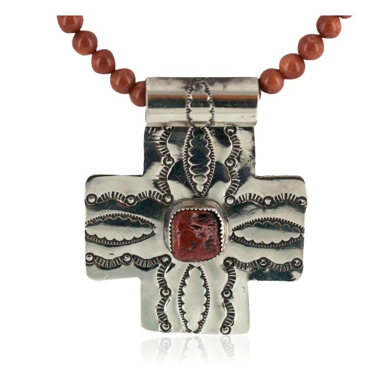 Cross .925 Sterling Silver Nickel Handmade Certified Authentic Navajo Natural Turquoise Goldstone Coral Native American Necklace 18224-3-15786