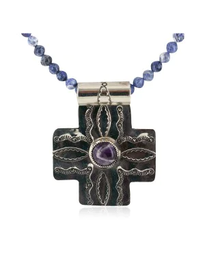 Cross .925 Sterling Silver Nickel Handmade Certified Authentic Navajo Natural Turquoise Lapis Native American Necklace 18224-4-15786-102