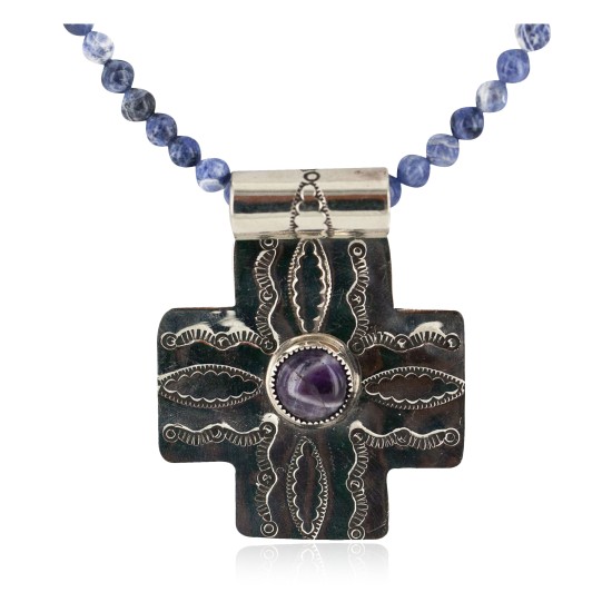 Cross .925 Sterling Silver Nickel Handmade Certified Authentic Navajo Natural Turquoise Lapis Native American Necklace 18224-4-15786-102