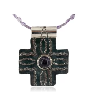 Cross .925 Sterling Silver Nickel Handmade Certified Authentic Navajo Natural Turquoise Purple Spiny Oyster Amethyst Native American Necklace 18224-1-750200