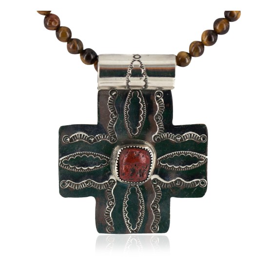 Cross .925 Sterling Silver Nickel Handmade Certified Authentic Navajo Natural Turquoise Tigers Eye Coral Native American Necklace 18224-2-15786-101