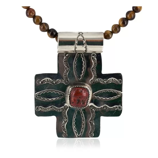 Cross .925 Sterling Silver Nickel Handmade Certified Authentic Navajo Natural Turquoise Tigers Eye Coral Native American Necklace 18224-2-15786-101 Cross .925 Sterling Silver Nickel Handmade Certified Authentic Navajo Natural Turquoise Tigers Eye Coral Native American Necklace 18224-2-15786-101