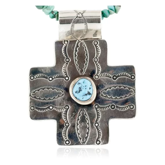 Cross .925 Sterling Silver Nickel Handmade Certified Authentic Navajo Natural Turquoise Tigers Eye Native American Necklace 14981-16029-7