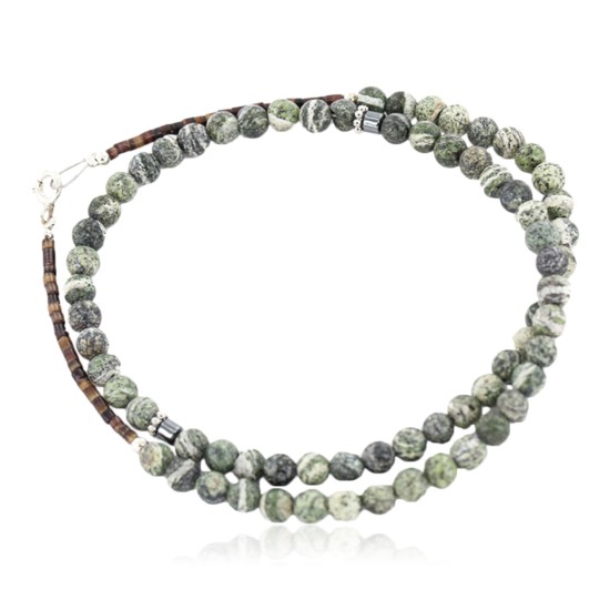 Delicate Certified Authentic Navajo .925 Sterling Silver Natural Green Jasper Hematite Native American Necklace Chain 15963-21