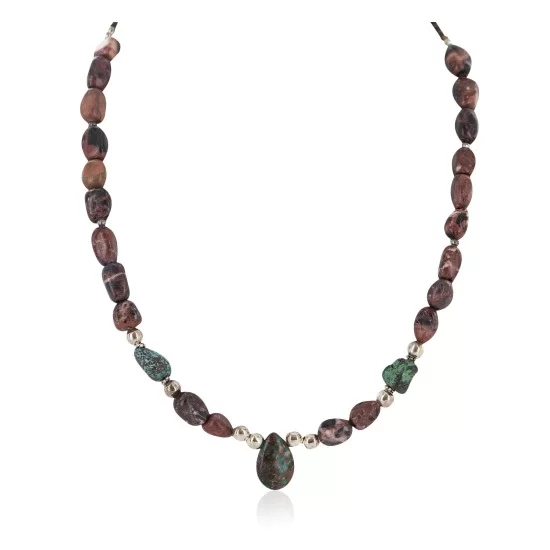 Drop .925 Sterling Silver Certified Authentic Navajo Natural Turquoise Jasper Native American Necklace 18276-1