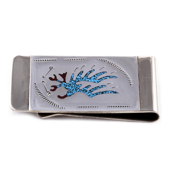 Eagle .925 Sterling Silver Ray Begay Certified Authentic Handmade Navajo Native American Natural Turquoise Coral Money Clip 11253-8
