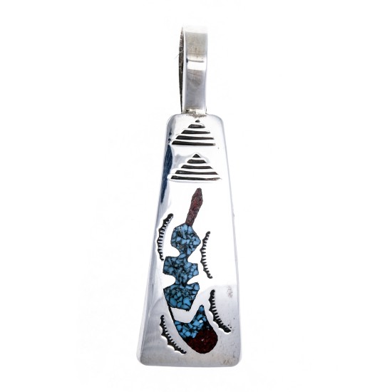 Feather .925 Starling Silver Certified Authentic Handmade Navajo Native American Natural Turquoise Coral Pendent  24313-2