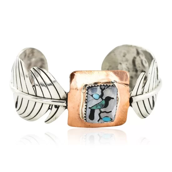 Feather Bird Certified Authentic Navajo Nickel Copper Inlaid Natural Turquoise Black Onyx Mother of Pearl Native American Bracelet 12837-3 Feather Bird Certified Authentic Navajo Nickel Copper Inlaid Natural Turquoise Black Onyx Mother of Pearl Native American Bracelet 12837-3