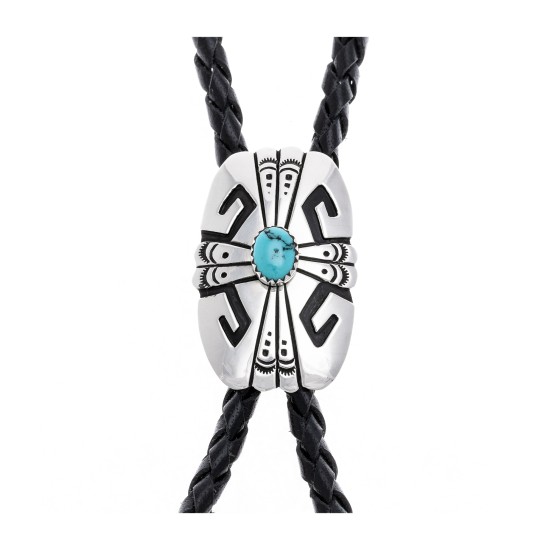 Feather Sun .923 Sterling Silver Certified Authentic Handmade Navajo Native American Natural Turquoise Bolo Tie 24535