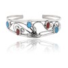 Flower .925 Sterling Silver Certified Authentic Handmade Delicate Navajo Native American Natural Turquoise and Coral Cuff Bracelet  12947-3