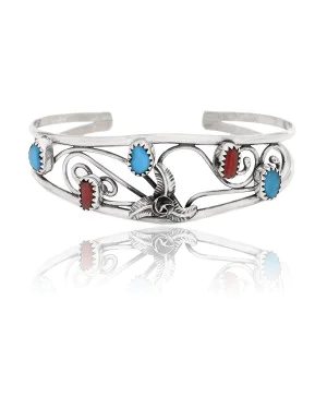 Flower .925 Sterling Silver Certified Authentic Handmade Delicate Navajo Native American Natural Turquoise and Coral Cuff Bracelet 12947-3 Flower .925 Sterling Silver Certified Authentic Handmade Delicate Navajo Native American Natural Turquoise and Coral Cuff Bracelet 12947-3