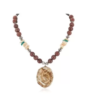 Flower .925 Sterling Silver Certified Authentic Navajo Natural Turquoise Jasper Graduated Melon Shell Native American Necklace 750208-6