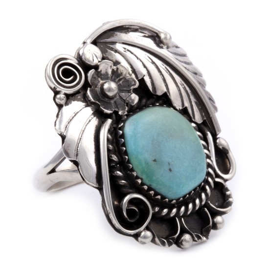 Flower and Leaf .925 Sterling Silver Certified Authentic Handmade Navajo Native American Natural Turquoise Ring  13224