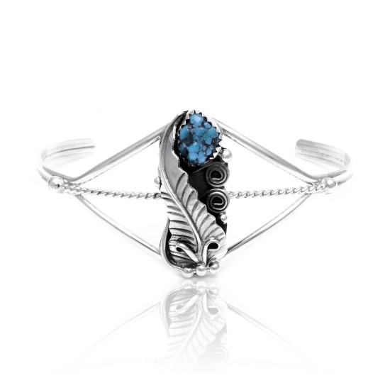 Flower and Leaf Natural Turquoise .925 Sterling Silver Certified Authentic Navajo Native American Handmade Cuff Bracelet 13087