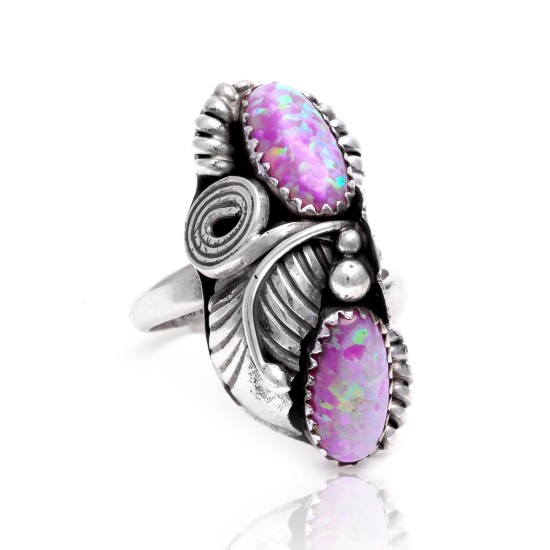 Flower and Leaf Lab Opal Silver Certified Authentic Navajo Native American Handmade Adjustable Ring 13188-8