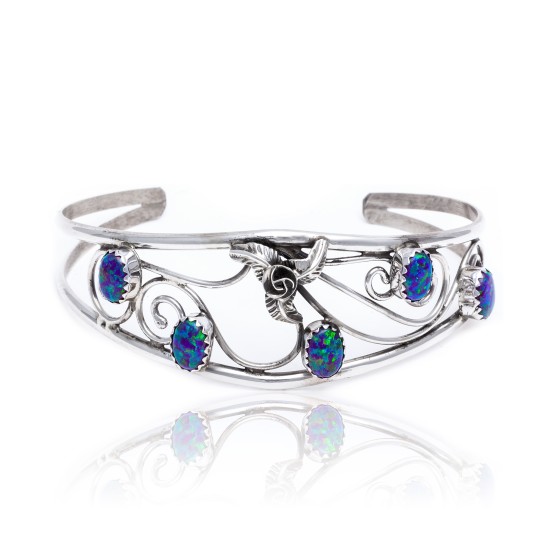 Flower Blue Opal .925 Sterling Silver Certified Authentic Navajo Native American Handmade Cuff Bracelet 13109-4
