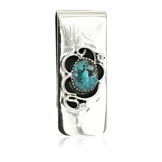 Flower Handmade Certified Authentic Navajo Nickel and .925 Sterling Silver Natural Turquoise Native American Money Clip 11238-3