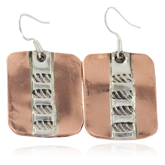 Handmade .925 Sterling Silver Certified Authentic Navajo Native American Pure Copper Dangle Earrings 18249-1
