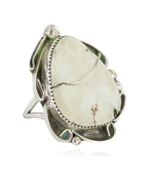 Handmade .925 Sterling Silver Certified Authentic Navajo Natural White Buffalo Native American Ring  17025-1