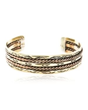 Handmade Bear paw Sun Certified Authentic Navajo Pure Copper and Brass Native American Bracelet 12845-1