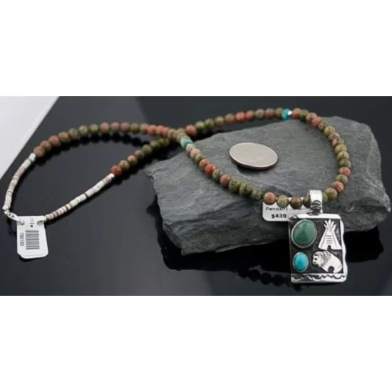 Handmade Buffalo and Teepee Turquoise .925 Sterling Silver Certified Authentic Navajo Native American Necklace 390590582544 Handmade Buffalo and Teepee Turquoise .925 Sterling Silver Certified Authentic Navajo Native American Necklace 390590582544