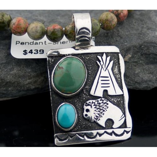 Handmade Buffalo and Teepee Turquoise .925 Sterling Silver Certified Authentic Navajo Native American Necklace 390590582544