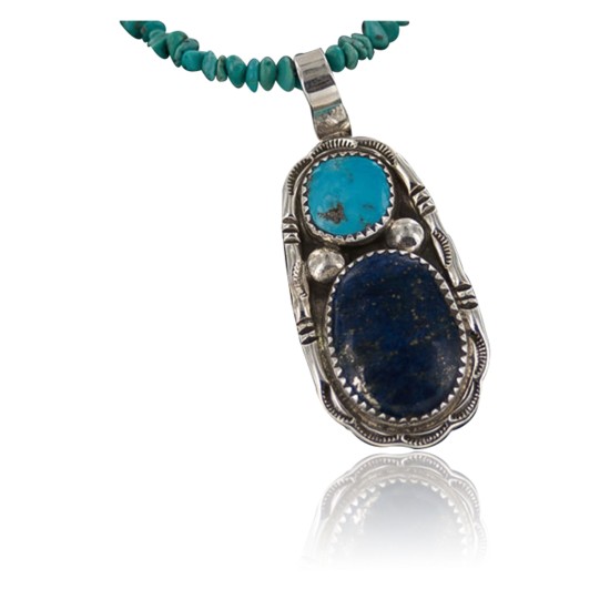 Handmade Certified Authentic .925 Sterling Silver Natural Lapis and Turquoise Native American Necklace & Pendant 370887848934