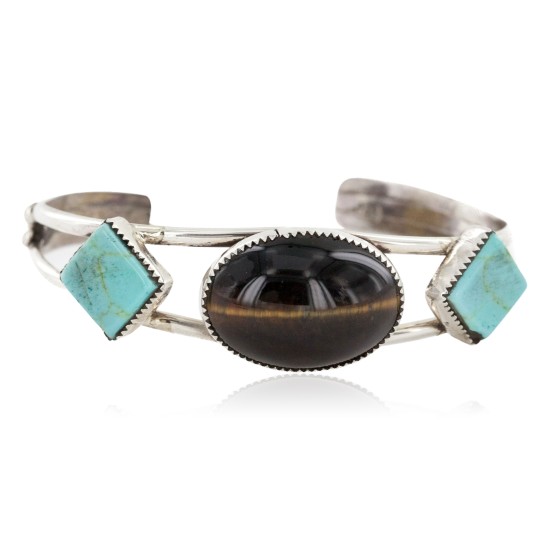 Handmade Certified Authentic Apache .925 Sterling Silver Natural Turquoise Tigers Eye Native American Bracelet 12770-0