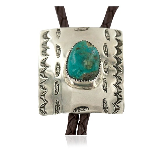 Handmade Certified Authentic Feather Navajo Leather Nickel Natural Turquoise Native American Bolo Tie 24488-4