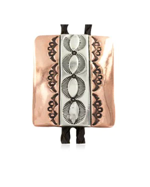 Handmade Certified Authentic Leather Navajo Pure Copper and Nickel Native American Bolo Tie 24489-4