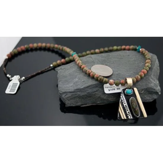 Handmade Certified Authentic Navajo .925 Sterling Silver 12kt Gold Filled Turquoise and Jasper Native American Necklace 390582579732