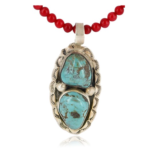 Handmade Certified Authentic Navajo .925 Sterling Silver Coral and Turquoise Native American Necklace & Pendant 390794825224