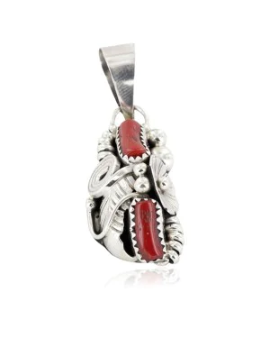 Handmade Certified Authentic Navajo .925 Sterling Silver Coral Native American Pendant 26211-2