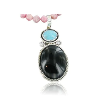 Handmade Certified Authentic Navajo .925 Sterling Silver Natural Black Onyx and Turquoise Native American Necklace 370911139597