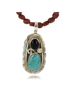Handmade Certified Authentic Navajo .925 Sterling Silver Natural Black Onyx and Turquoise Native American Necklace 390805366666