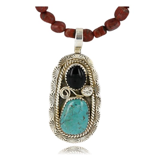 Handmade Certified Authentic Navajo .925 Sterling Silver Natural Black Onyx and Turquoise Native American Necklace 390805366666