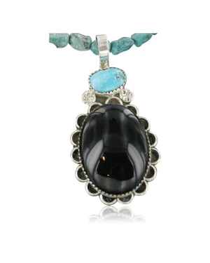 Handmade Certified Authentic Navajo .925 Sterling Silver Natural Black Onyx and Turquoise Native American Necklace & Pendant 370918480661