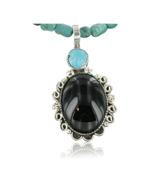 Handmade Certified Authentic Navajo .925 Sterling Silver Natural Black Onyx and Turquoise Native American Necklace & Pendant 390674619002